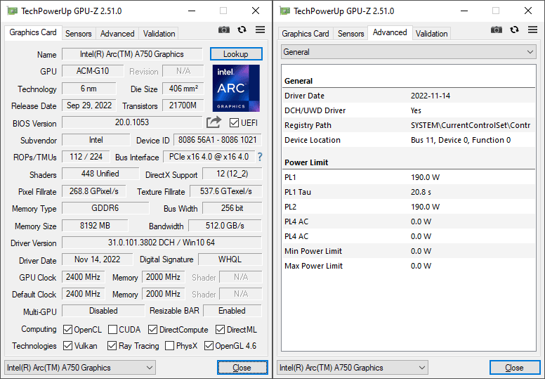 Intel Arc A750 Limited Edition GPUZ