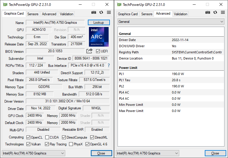 Pro zvětšení klikni Intel Arc A750 Limited Edition GPUZ