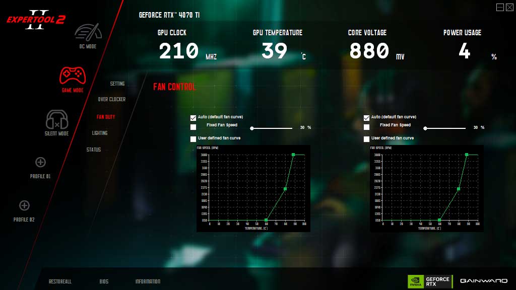 Gainward RTX 4070 Ti PHOENIX GS 12G; ExperTool - FAN CONTROL