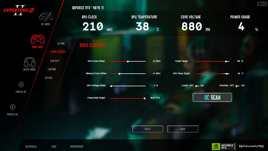 Gainward RTX 4070 Ti PHOENIX GS 12G; ExperTool - OVERCLOCKER