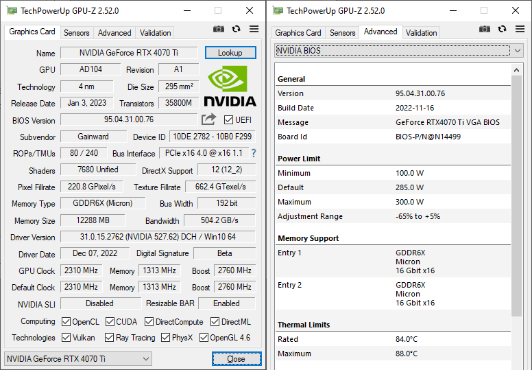 Gainward RTX 4070 Ti PHOENIX GS 12G GPUZ