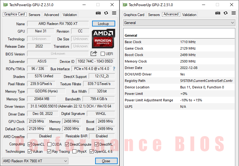 Asus TUF RX 7900 XT O20G Gaming GPUZ; Performance mode