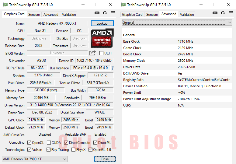 Asus TUF RX 7900 XT O20G Gaming GPUZ; Quiet mode