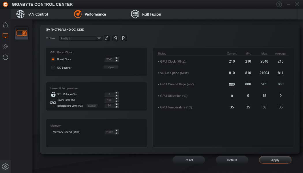 Gigabyte Control Center; Performance