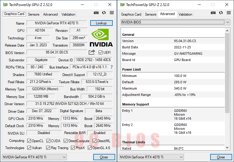 Gigabyte RTX 4070 Ti GAMING OC 12G GPUZ; OC mode