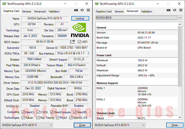 Asus STRIX RTX 4070 Ti O12G Gaming GPUZ; Performance mode