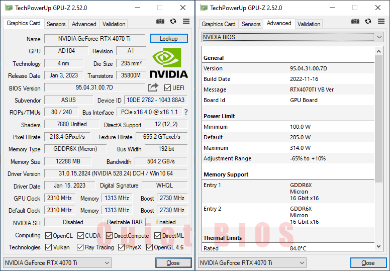 Asus TUF RTX 4070 Ti O12G Gaming GPUZ; Quiet mode