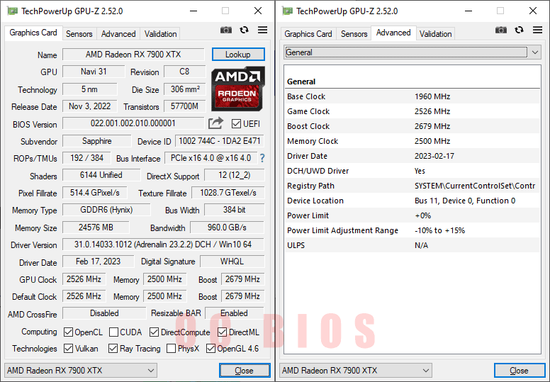 Sapphire NITRO+ RX 7900 XTX Vapor-X 24G; OC BIOS