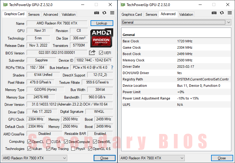 Sapphire NITRO+ RX 7900 XTX Vapor-X 24G; Secondary BIOS