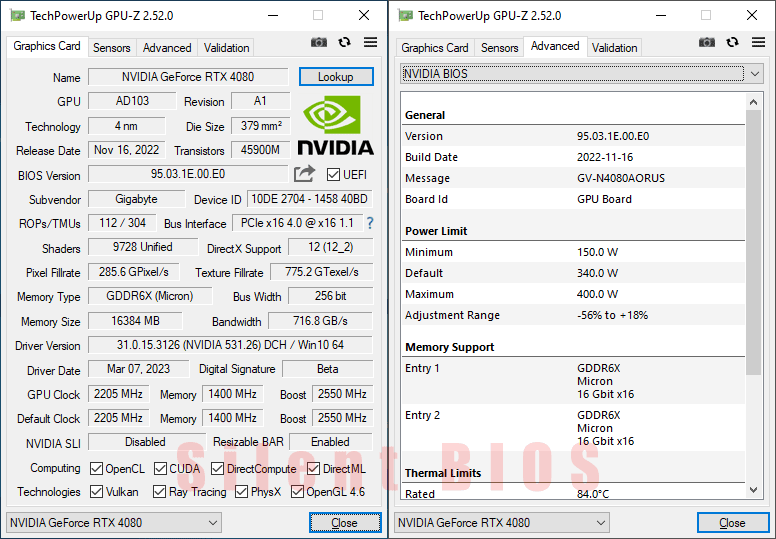 Gigabyte AORUS RTX 4080 MASTER 16G GPUZ; Silent mode