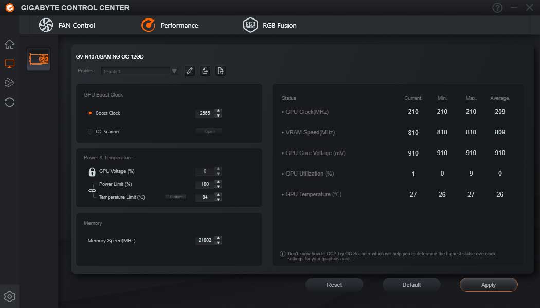 GIGABYTE Control Center; Performance