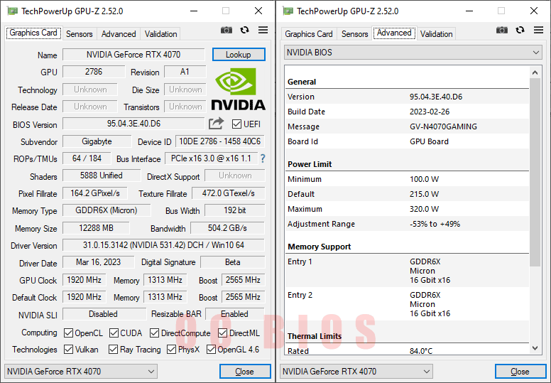 Gigabyte RTX 4070 GAMING OC 12G GPUZ; OC mode