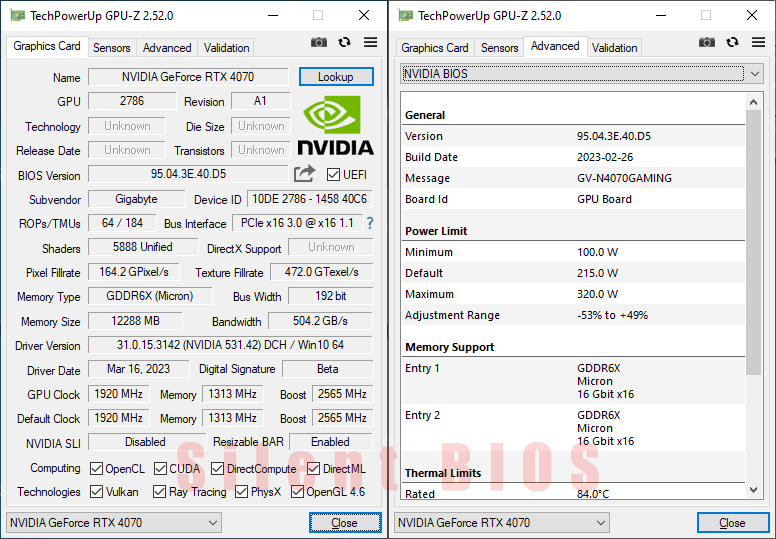 Gigabyte RTX 4070 GAMING OC 12G GPUZ; Silent mode