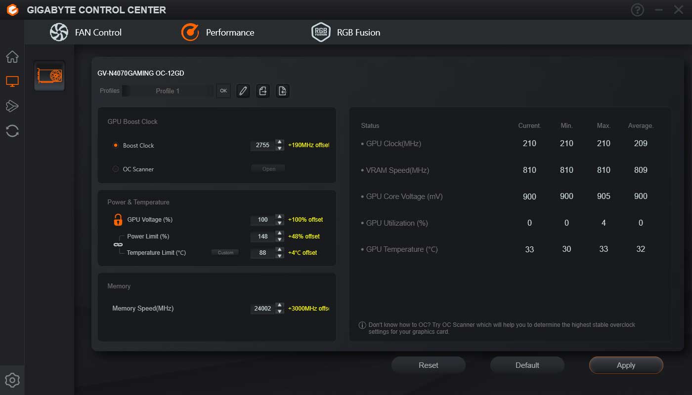 Gigabyte RTX 4070 GAMING OC 12G; přetaktování