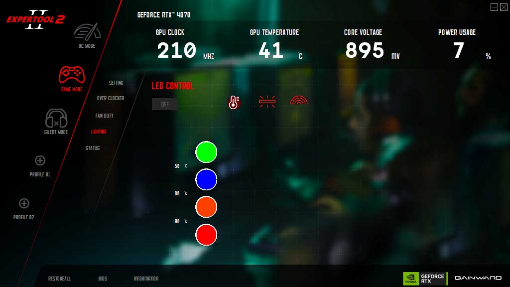 Gainward RTX 4070 GHOST 12G; ExperTool - LED CONTROL