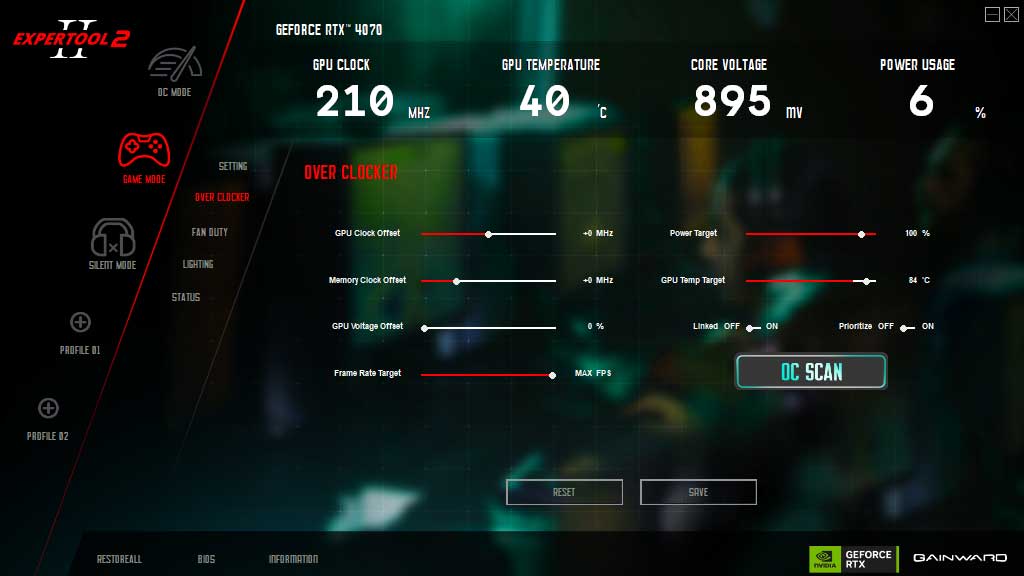 Gainward RTX 4070 GHOST 12G; ExperTool - OVERCLOCKER