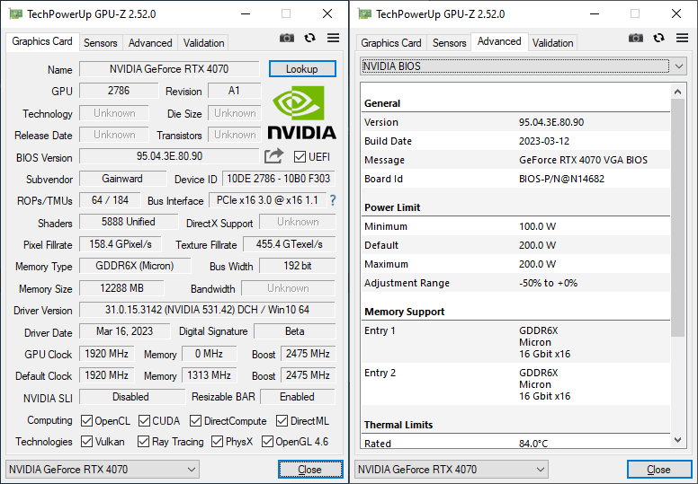 Pro zvětšení klikni Gainward RTX 4070 GHOST 12G GPUZ