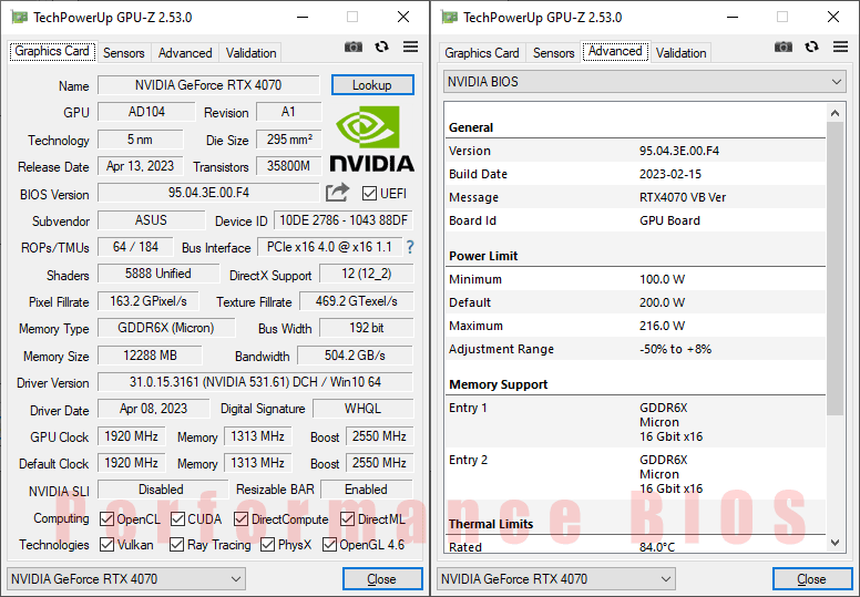 Asus TUF RTX 4070 O12G Gaming GPUZ; Performance mode