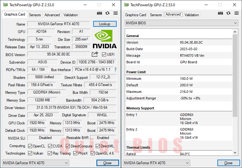 Asus DUAL RTX 4070 12G GPUZ; Quiet mode