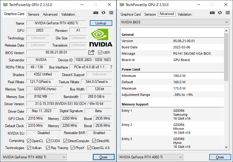 NVIDIA RTX 4060 Ti Founders Edition 8G GPUZ