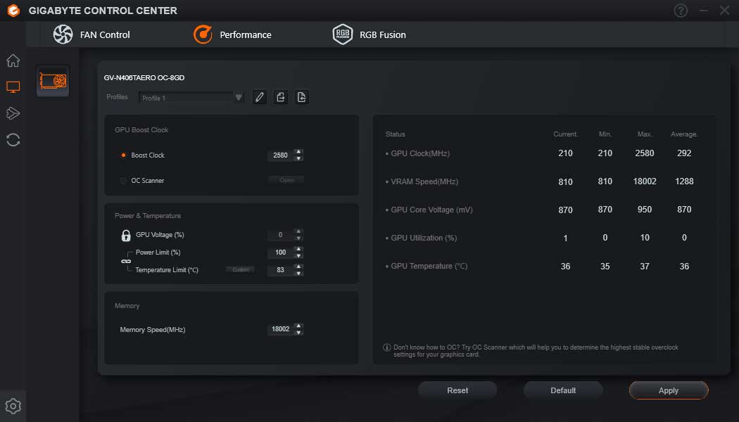 GIGABYTE Control Center; Performance