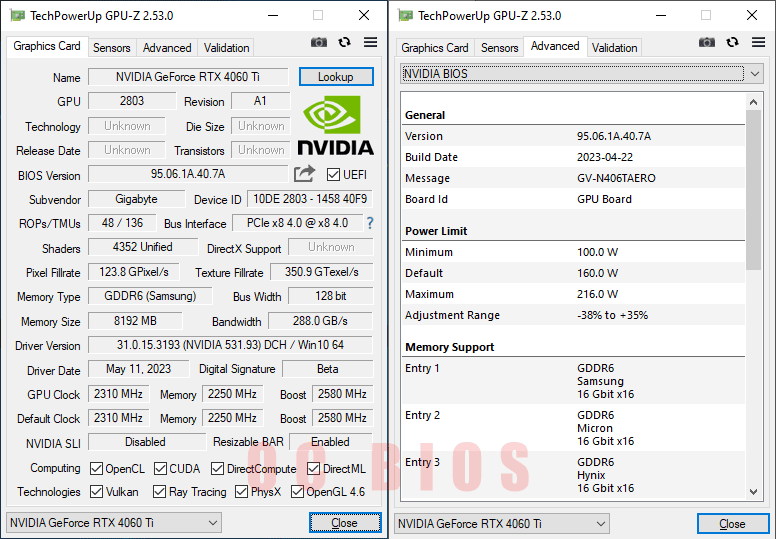 Gigabyte RTX 4060 Ti AERO OC 8G GPUZ; OC mode