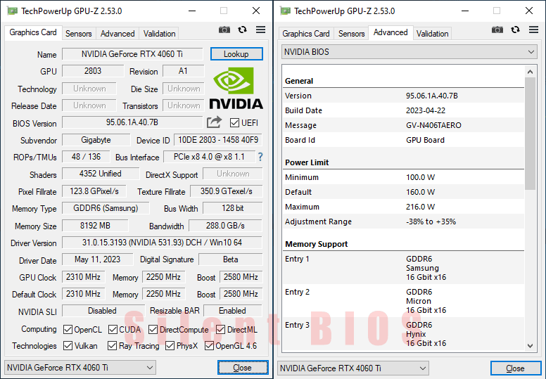 Gigabyte RTX 4060 Ti AERO OC 8G GPUZ; Silent mode