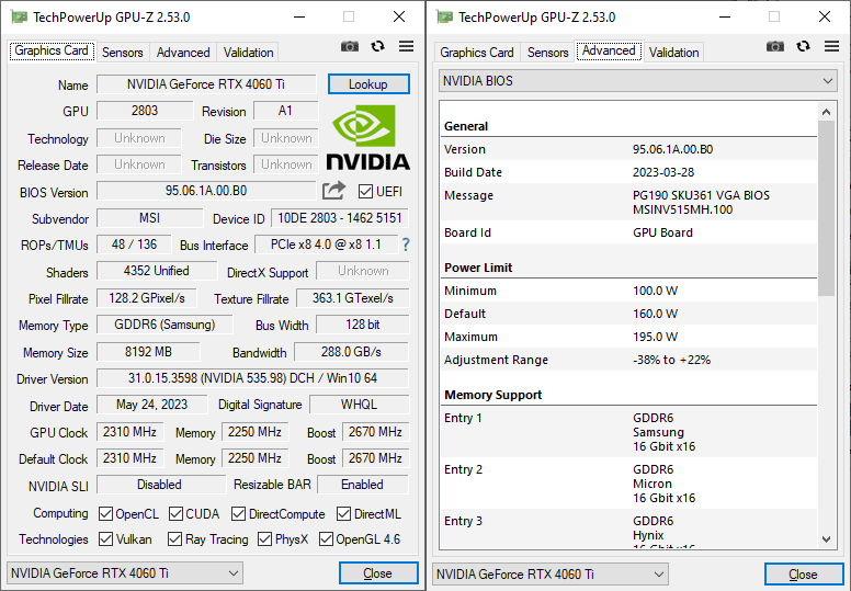 MSI RTX 4060 Ti GAMING X TRIO 8G GPUZ