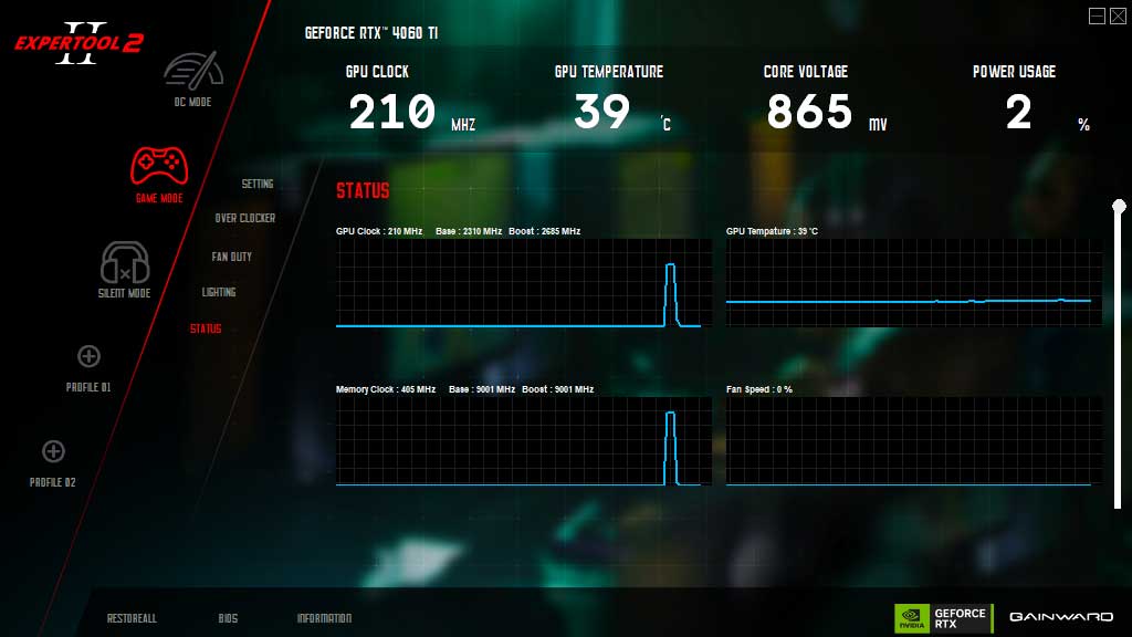 Gainward RTX 4060 Ti GHOST OC 8G; ExperTool - STATUS