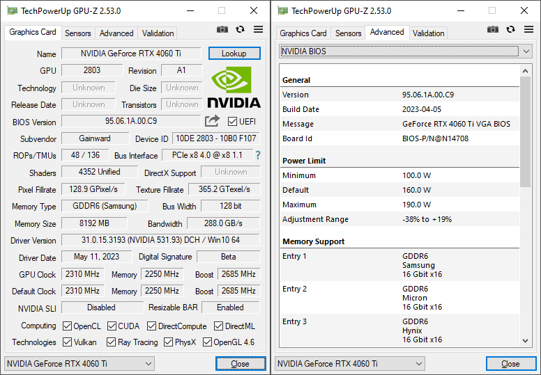 Gainward RTX 4060 Ti GHOST OC 8G GPUZ