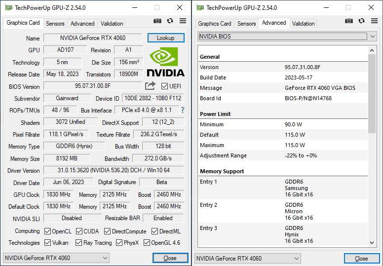 Pro zvětšení klikni Gainward RTX 4060 GHOST 8G GPUZ