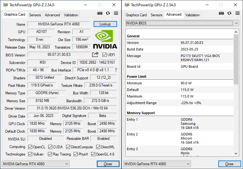 MSI RTX 4060 VENTUS 2X BLACK 8G OC GPUZ