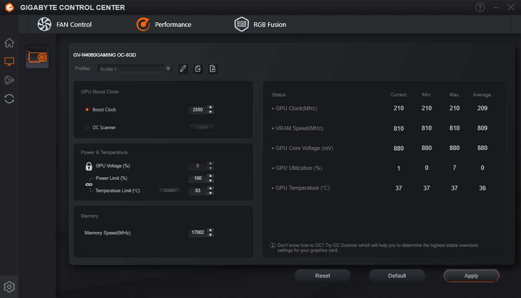 GIGABYTE Control Center; Performance