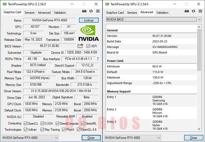 Gigabyte RTX 4060 GAMING OC 8G GPUZ; OC mode