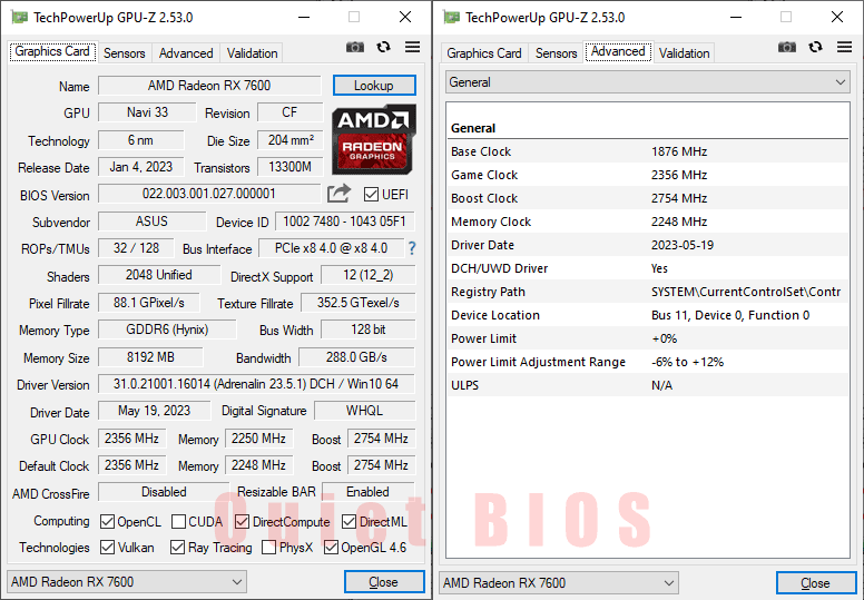 Asus STRIX RX 7600 O8G Gaming GPUZ; Quiet mode