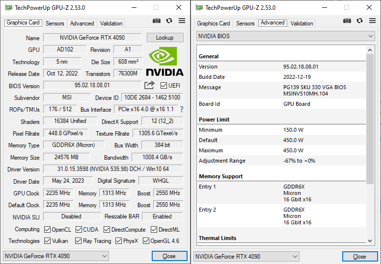 MSI RTX 4090 VENTUS 3X 24G OC GPUZ