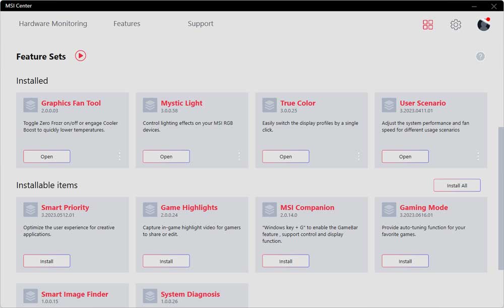 MSI Center; Feature Sets