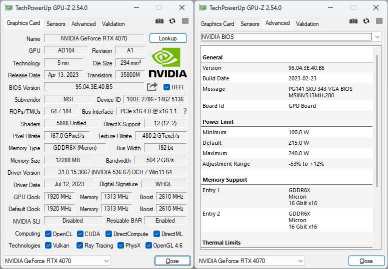 MSI RTX 4070 GAMING X TRIO 12G GPUZ