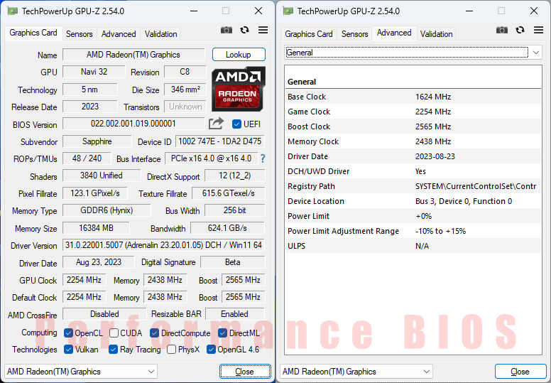 Sapphire NITRO+ RX 7800 XT 16G; OC BIOS