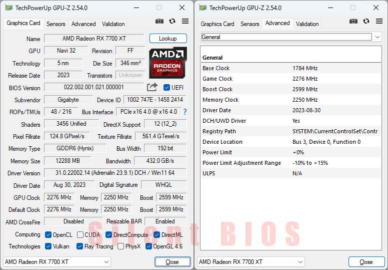 Gigabyte RX 7700 XT GAMING OC 12G; Silent BIOS