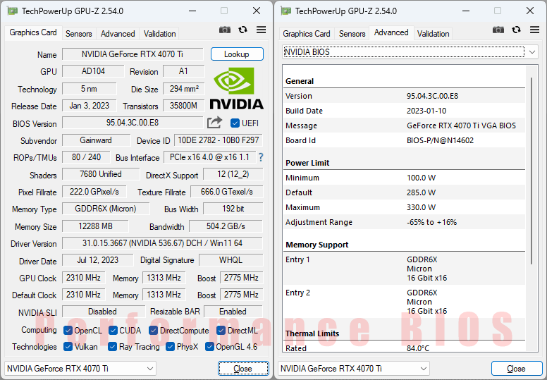 Gainward RTX 4070 Ti PHANTOM GS 12G GPUZ; Performance mode