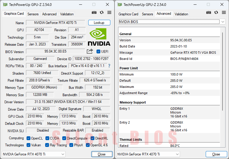 Gainward RTX 4070 Ti PHANTOM GS 12G GPUZ; Silent mode