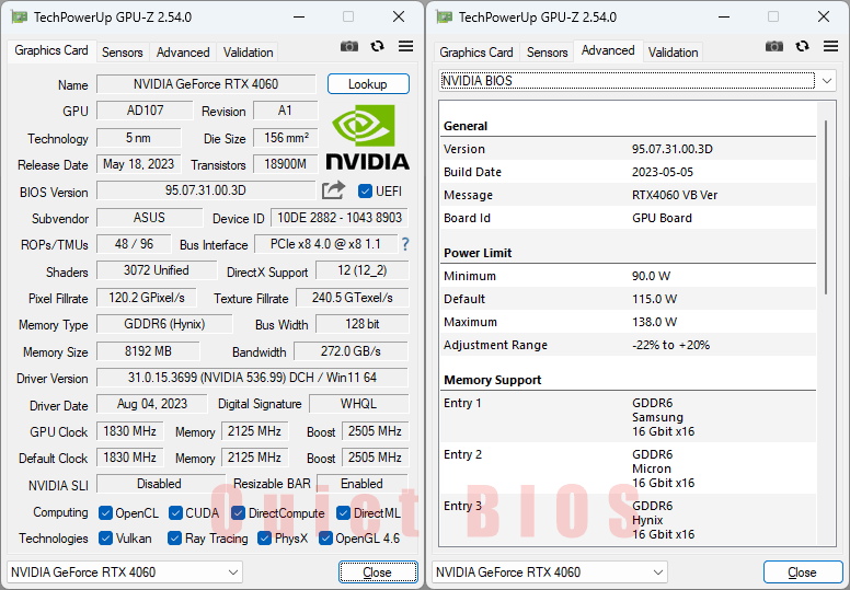 Asus DUAL RTX 4060 O8G GPUZ; Quiet