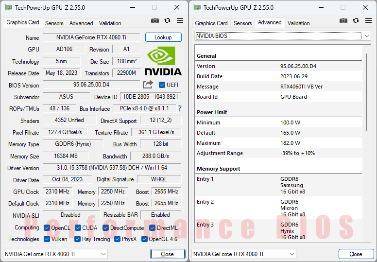 Asus ProArt RTX 4060 Ti O16G GPUZ; Performance