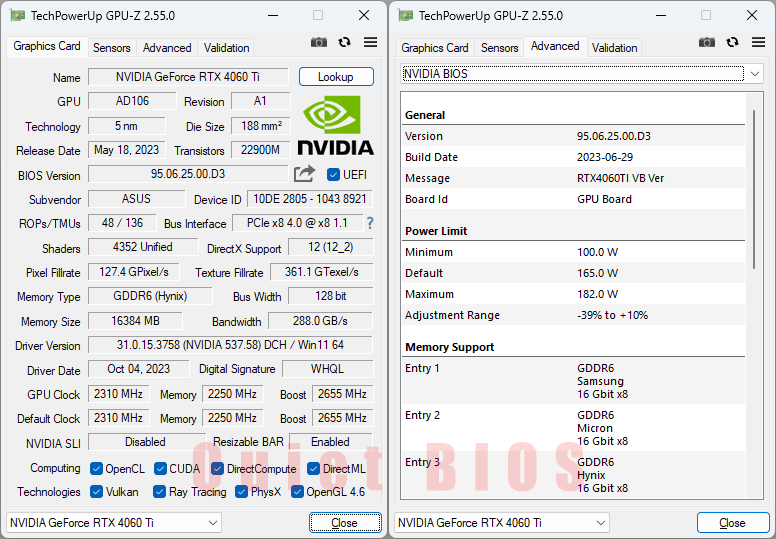 Asus ProArt RTX 4060 Ti O16G GPUZ; Quiet