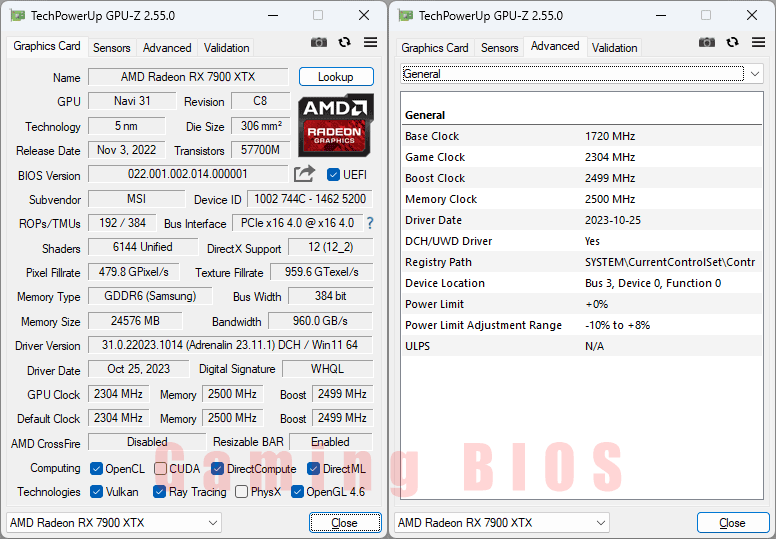 MSI RX 7900 XTX GAMING TRIO Classic 24G GPUZ; Gaming BIOS