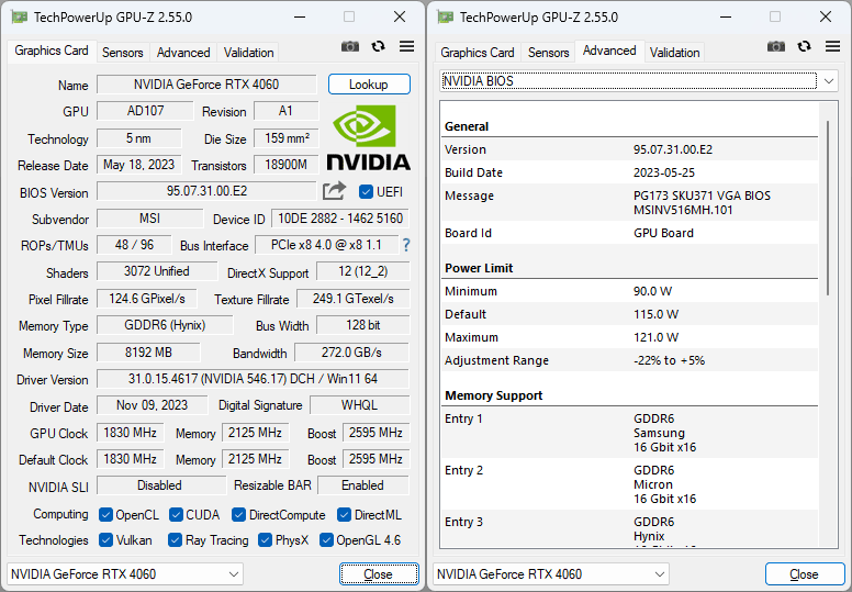 MSI RTX 4060 GAMING X 8G GPUZ