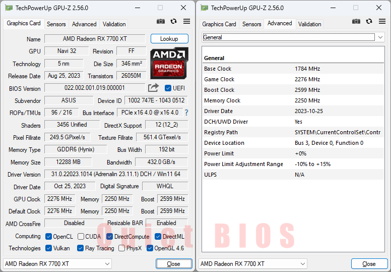 Asus TUF RX 7700 XT O12G Gaming GPUZ; Quiet mode