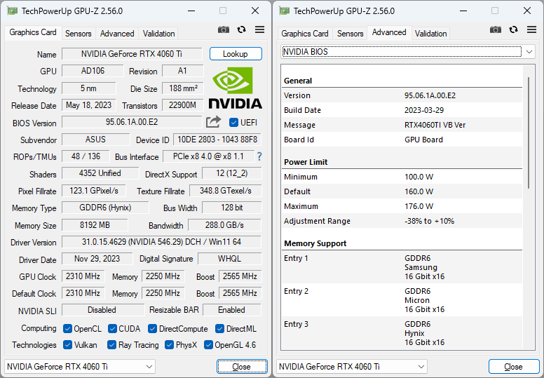 Asus DUAL RTX 4060 Ti O8G GPUZ