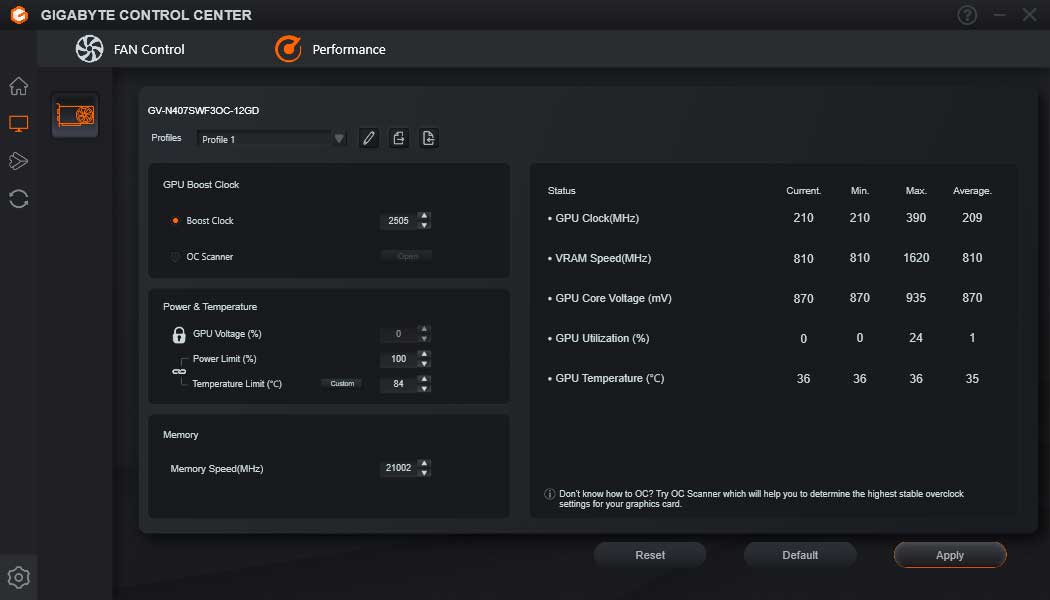 GIGABYTE Control Center; Performance